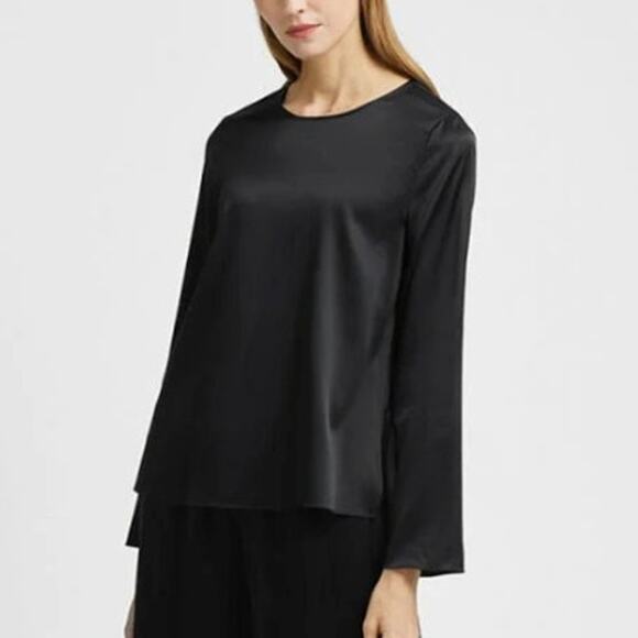 Theory NWOT True Black Flat Sateen Flared Long Slit Sleeves Pullover Blouse - Picture 2 of 8